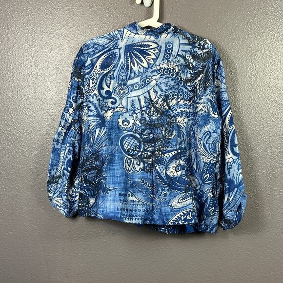Chico's Paisley Linen Blend Jacket Size 2 Blue Button Collared Long Sleeve New - Picture 2 of 6